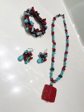 Turquoise and Red Beaded Necklace, Bracelet & Earring Set
